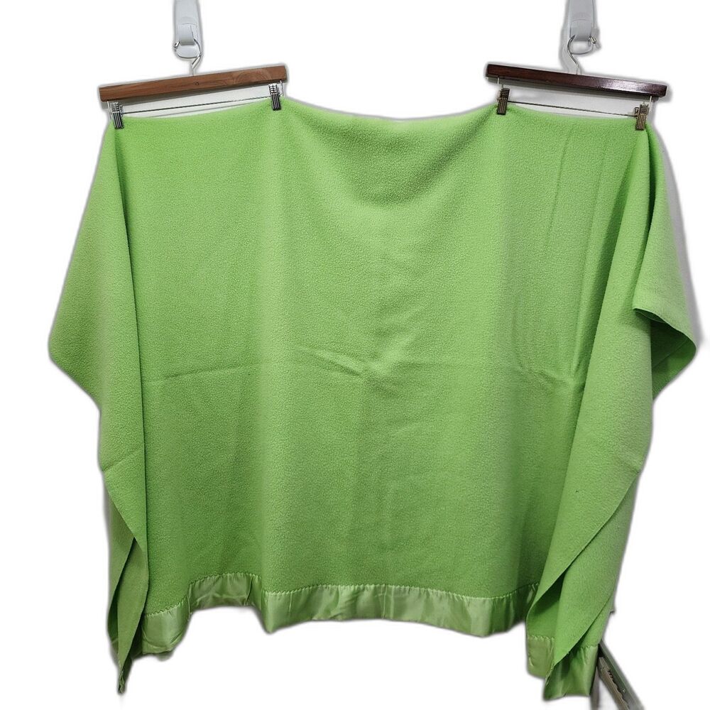 Vintage Lime Green Polar Fleece Blanket Satin Nylon Trim Edge Binding Throw Bed